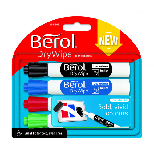 Berol Dry Wipe Whiteboard Marker Bullet Nib 2mm - Standard Colours (Pack of 4)