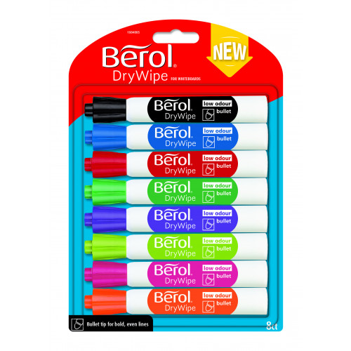 Berol Dry Wipe Whiteboard Marker Bullet Nib 2mm - Assorted Colours (Pack of 8)