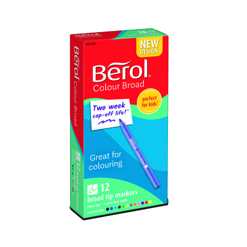 Berol Felt Tip Colouring Markers, Broad Point (1.2mm), Washable, Assorted Colours, 12 Count