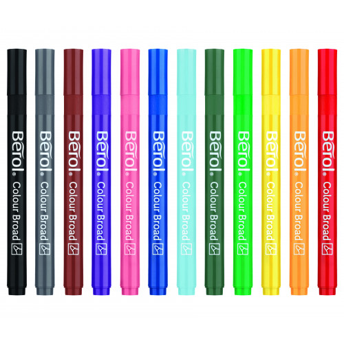 Berol Felt Tip Colouring Markers, Broad Point (1.2mm), Washable, Assorted Colours, Tub of 42