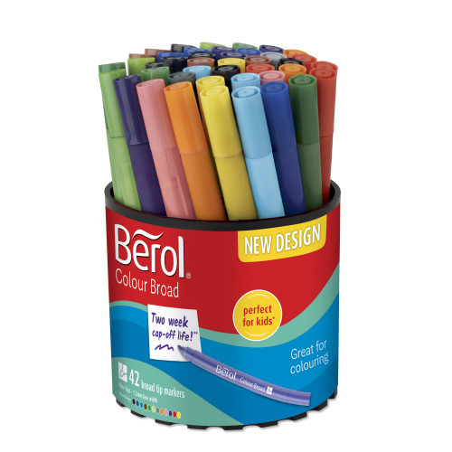 Berol Felt Tip Colouring Markers, Broad Point (1.2mm), Washable, Assorted Colours, Tub of 42