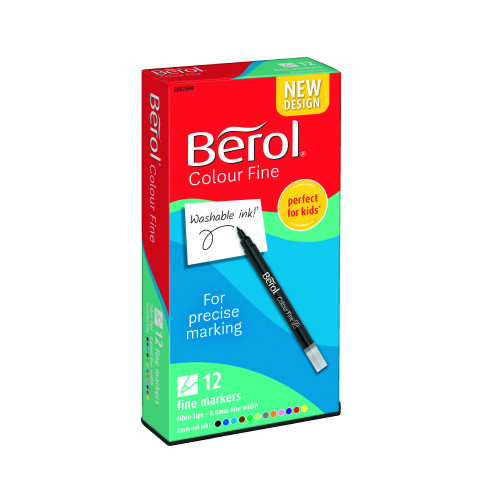 Berol Felt Tip Colouring Markers, Fine Point (0.6mm), Assorted Colours, 12 Count