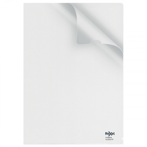 Rexel EcoDesk A4 Document Folders, Clear Embossed, Extra Strong 140mic, Recyclable, Cut Flush, L-Folder, Pack of 25 - Outer carton of 4