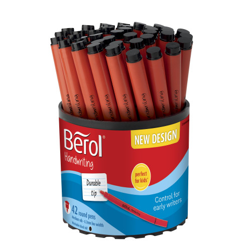 Berol Handwriting Pens, Round Shape, Washable Black Ink, Bright Barrels, Tub of 42