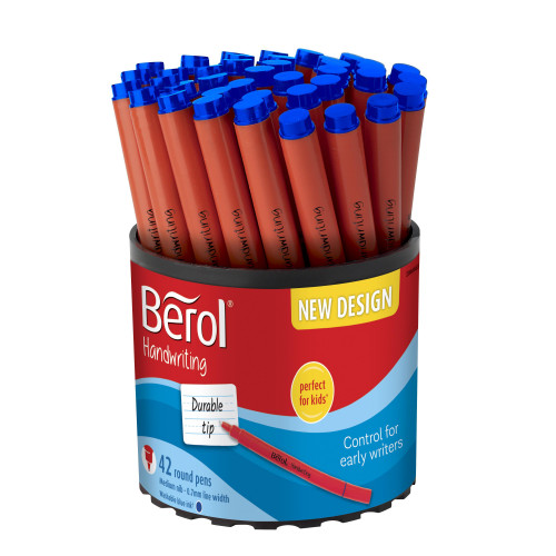 Berol Handwriting Pens, Round Shape, Washable Blue Ink, Bright Barrels, Tub of 42
