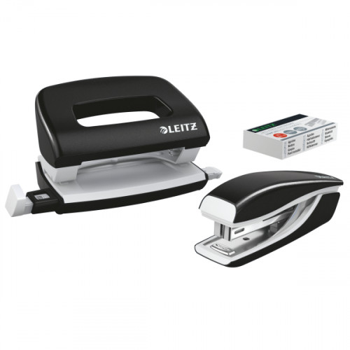 Leitz NeXXt WOW Mini Stapler and Hole Punch Set. 10 sheets. Handy mini version. Includes staples, in blister pack - Black