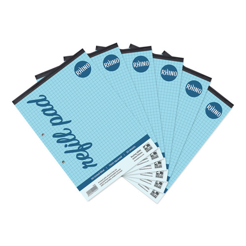 RHINO A4 Refill Pad 100 Page Blue Tinted Paper 7mm Squared - Pack of 6