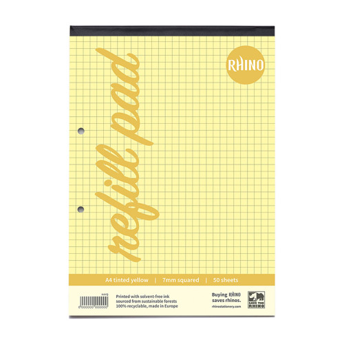RHINO A4 Refill Pad 100 Page Yellow Tinted Paper 7mm Squared  - Pack of 6