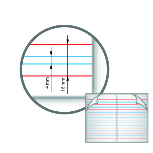 Notes Handwriting Book 8" x 6.5" (203x165) 32 Pages 4mm Ruled Blue centred on 16mm Red Ruled - Pack of 100